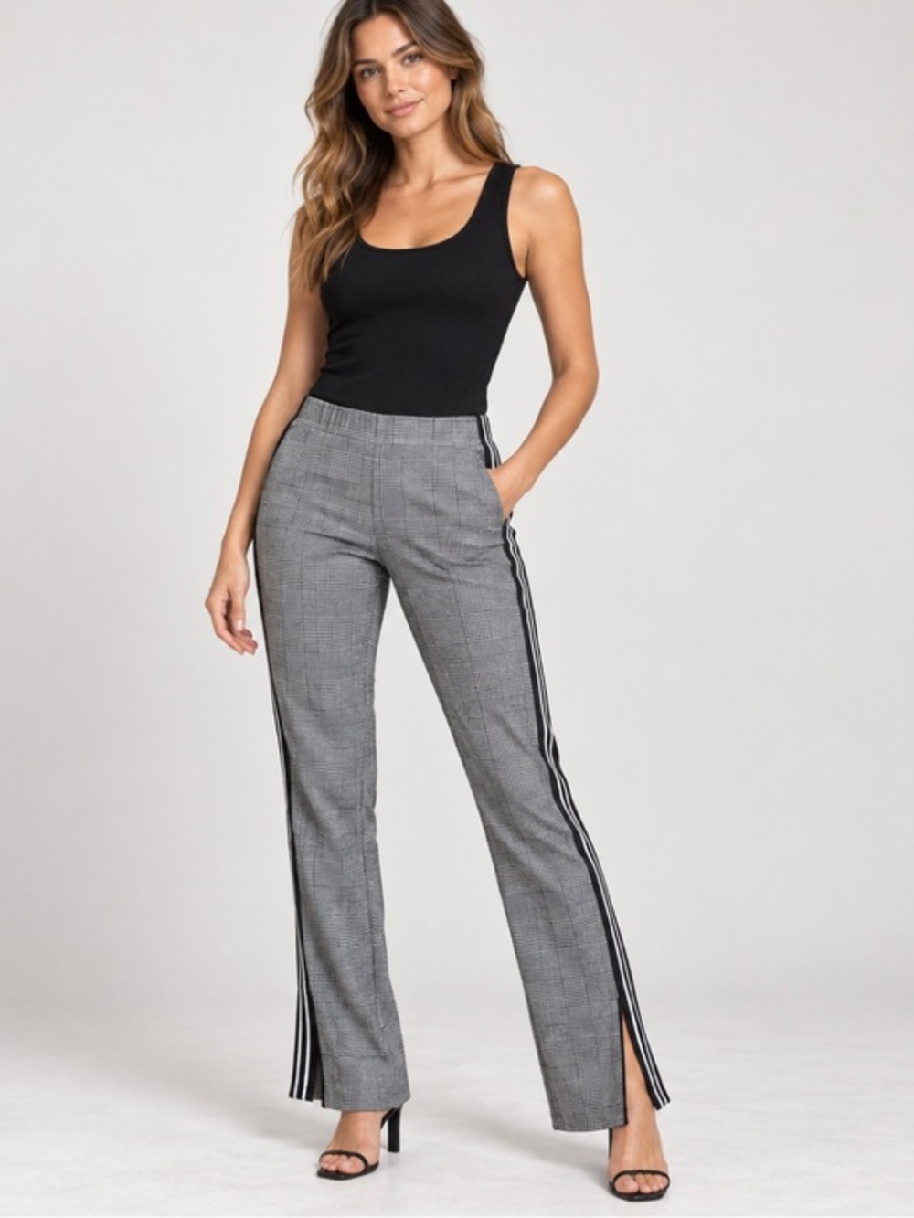 See You Monday Gray Plaid Side Stripe Split Hem Pants